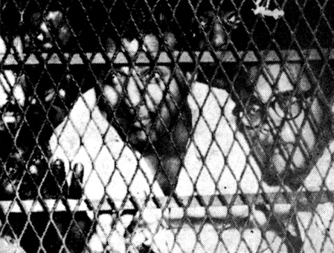 Martin Carter and Cheddi Jagan in a prison van, 1954